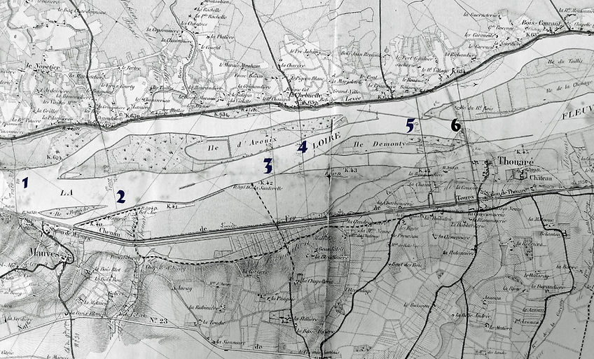 Plan de projets d'implantation pour le tracé d'un ou deux ponts, entre Ancenis et Nantes. Seront retenus le 1 et le 6