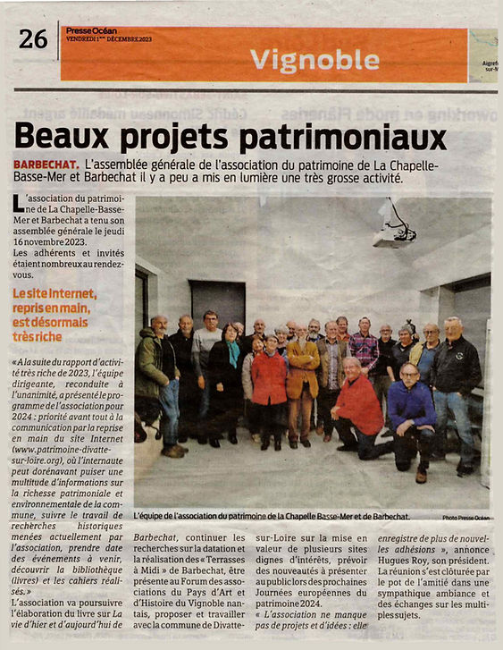 Presse-Océan du 1er décembre 2023 : l'assemblée générale du Patrimoine Chatelain et Barbechatain
